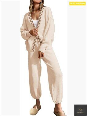 Two Piece Knit Sweater Set Oversized Cardigan and Long Pants Lounge Set